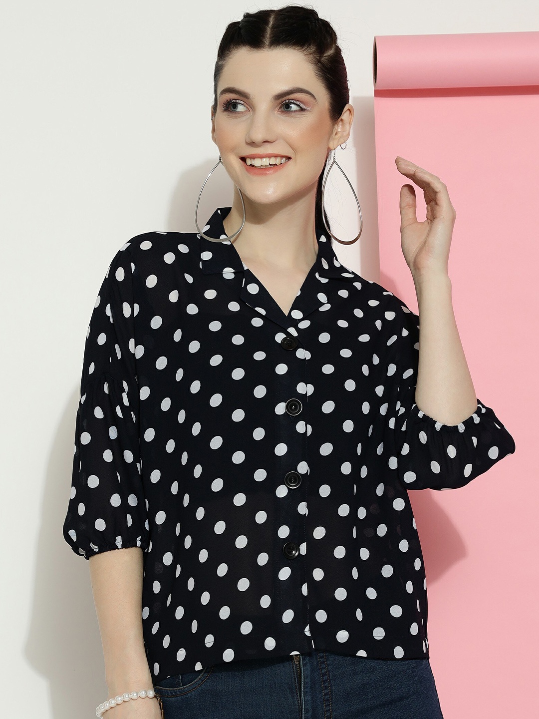 

CLEMIRA Polka Dot Printed Extended Sleeves Shirt Style Top, Black