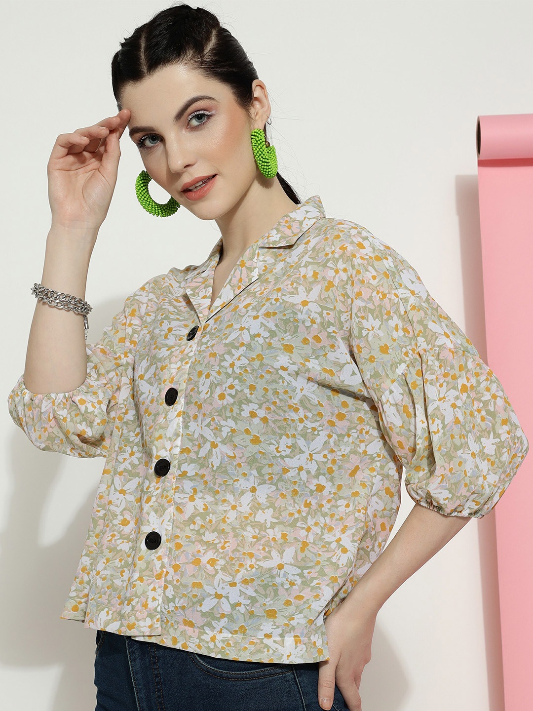 CLEMIRA Floral Printed Shirt Collar Puff Sleeves Shirt Style Top, Cream