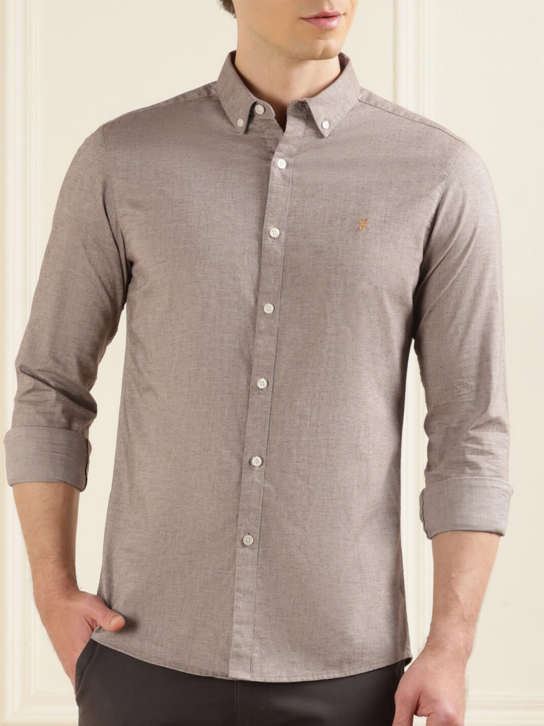 

Farah Slim Fit Button-Down Collar Pure Cotton Casual Shirt, Beige