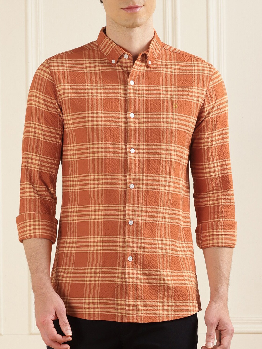 

Farah Slim Fit Tartan Checks Button-Down Collar Long Sleeves Cotton Casual Shirt, Orange