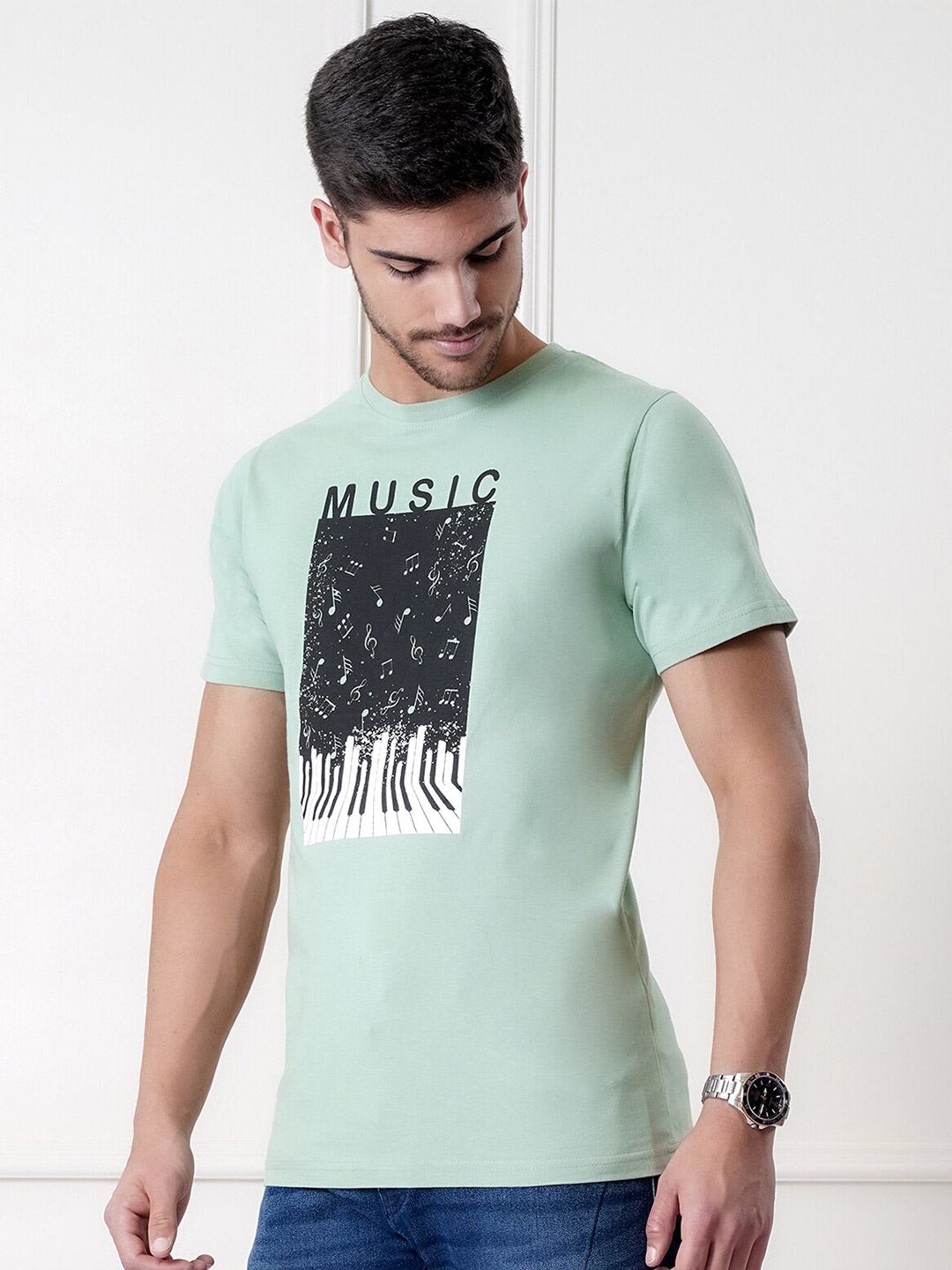 

UrbanMark Graphic Printed Pure Cotton T-Shirt, Sea green