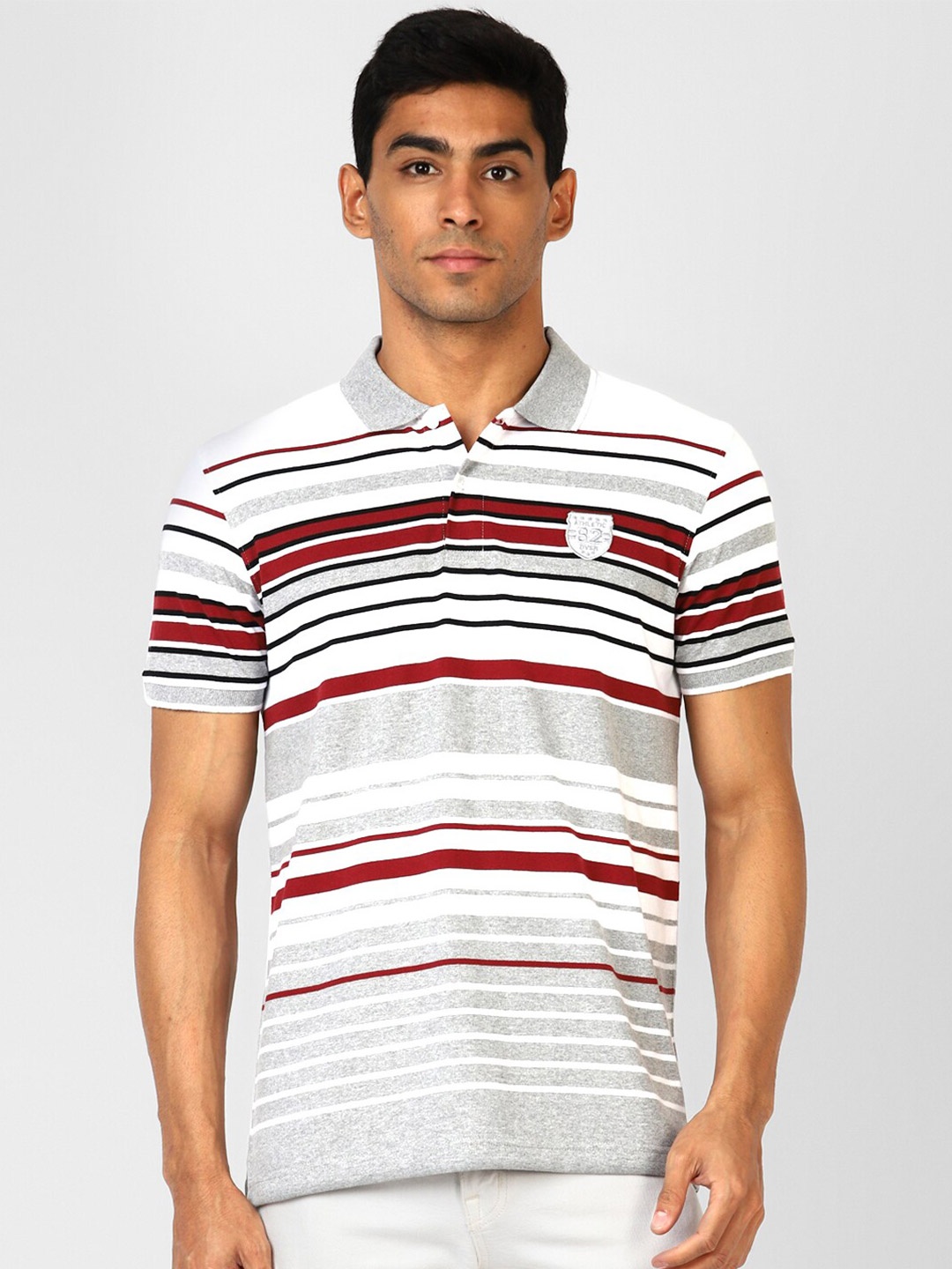 

UrbanMark Striped Polo Collar Slim Fit T-shirt, Grey melange