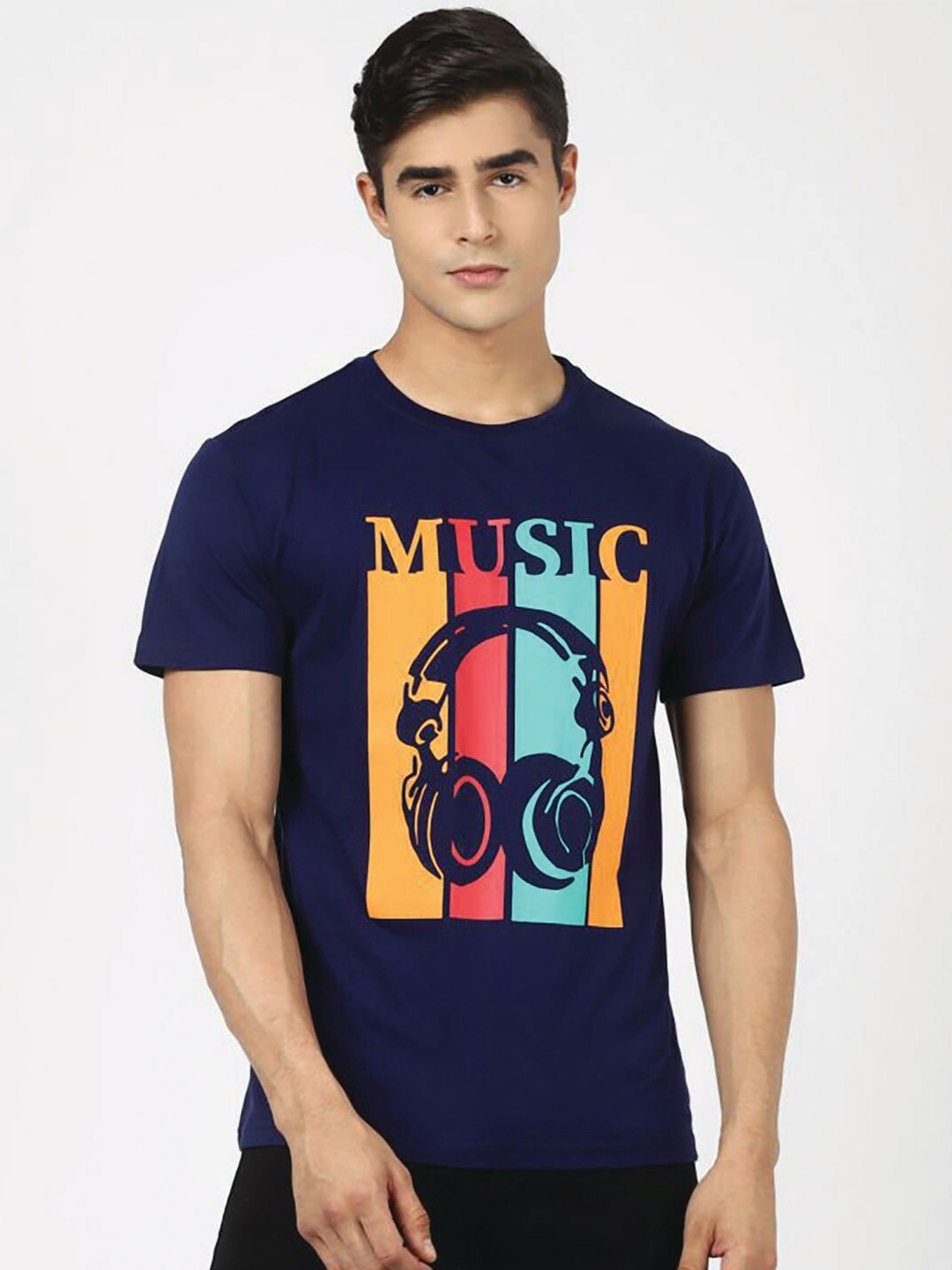 

UrbanMark Typography Printed Cotton T-shirt, Navy blue