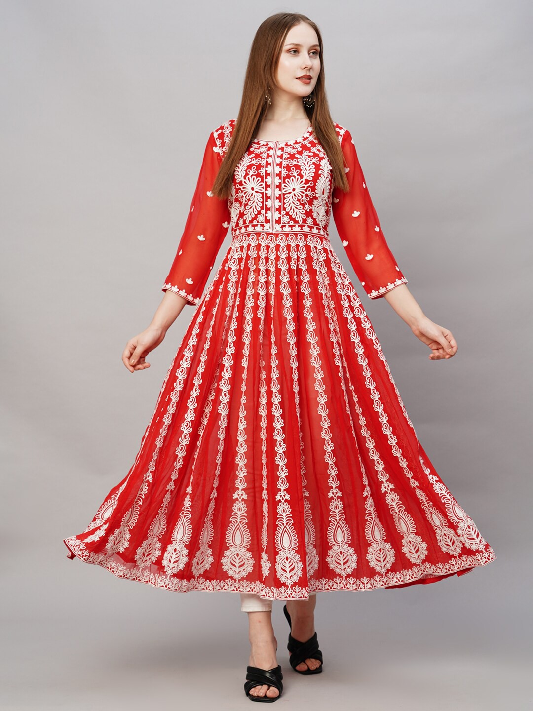 

KALINI Floral Embroidered Thread Work Anarkali Kurta, Red