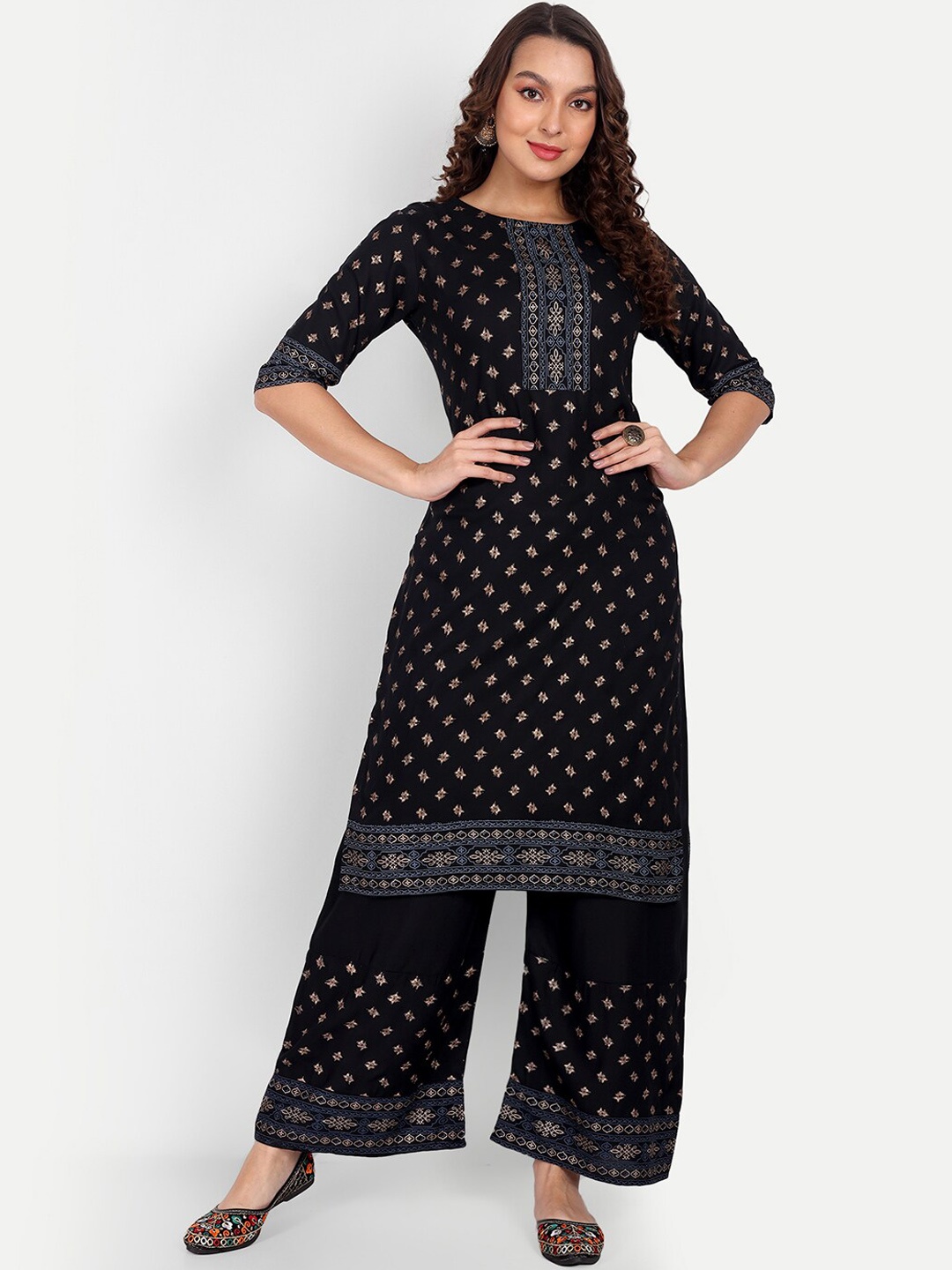 

ZIRVI Women Ethnic Motifs Printed Regular Kurta With Palazzos, Black