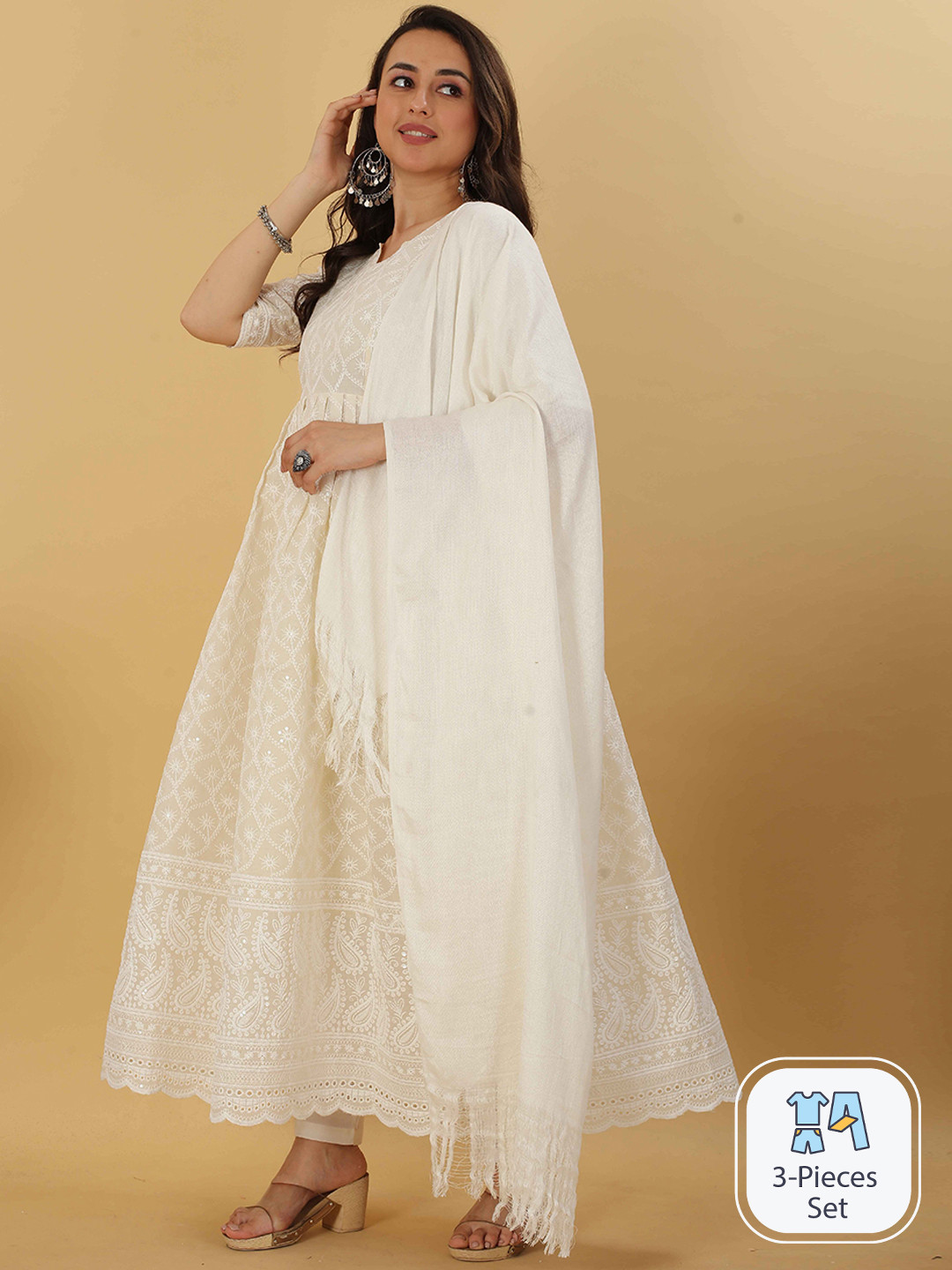 

ZIRVI Ethnic Motifs Embroidered Sequinned Pure Cotton Kurta With Trousers & Dupatta, Off white
