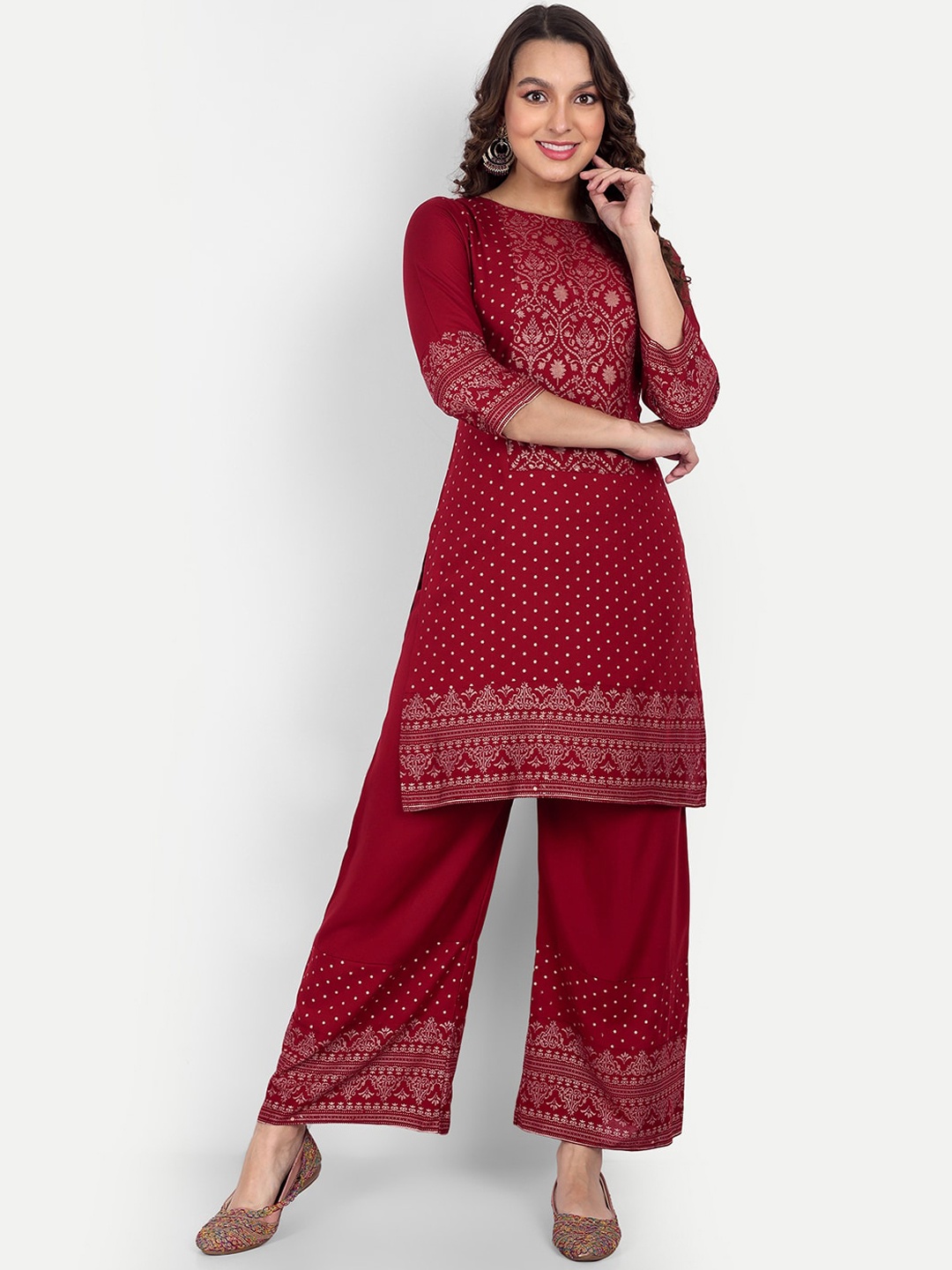 

ZIRVI Floral Printed Regular Kurti With Palazzos, Red