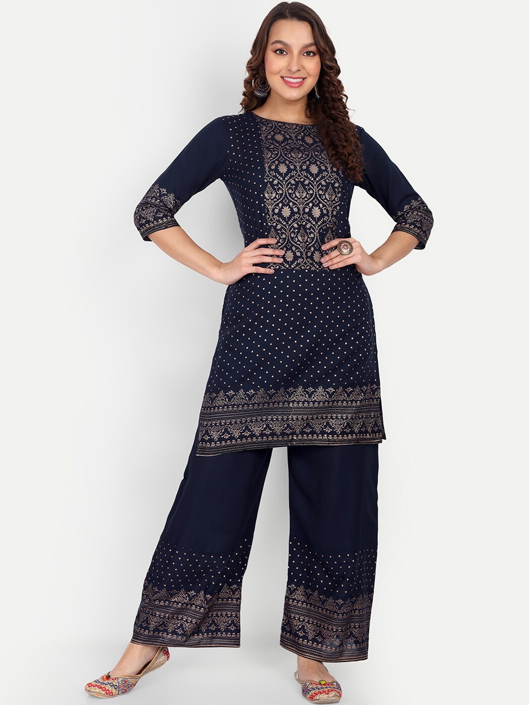 

ZIRVI Ethnic Motifs Printed Regular Kurti With Palazzos, Navy blue