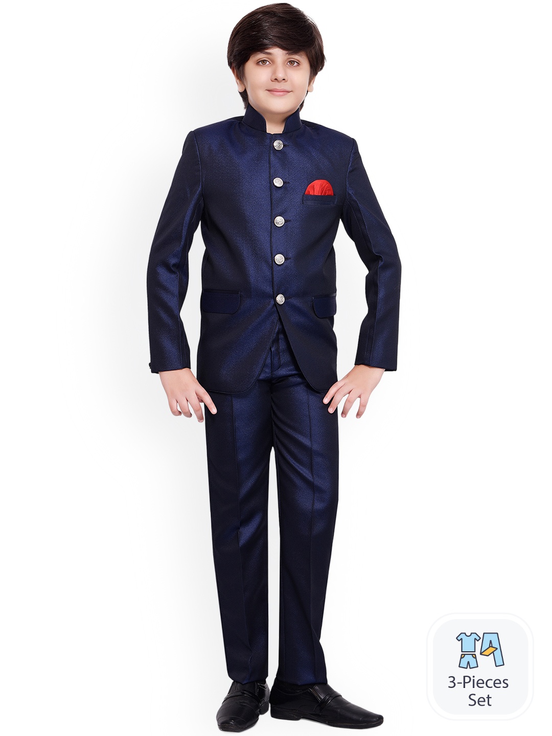 

BAESD Boys Mandarin Collar Long Sleeve Bandhgala Blazer & Pant Suit, Navy blue