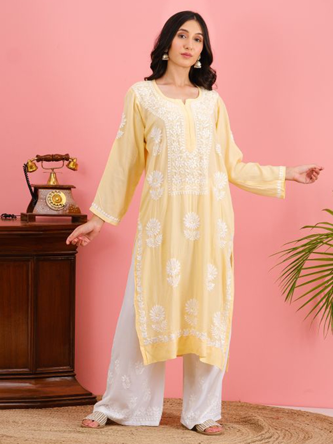 

Chowkhat Ethnic Motifs Embroidered Chikankari Straight Cotton Kurta, Yellow