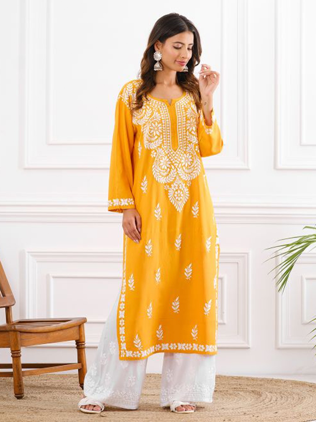 

Chowkhat Ethnic Motifs Embroidered Chikankari Cotton Straight Kurta, Mustard