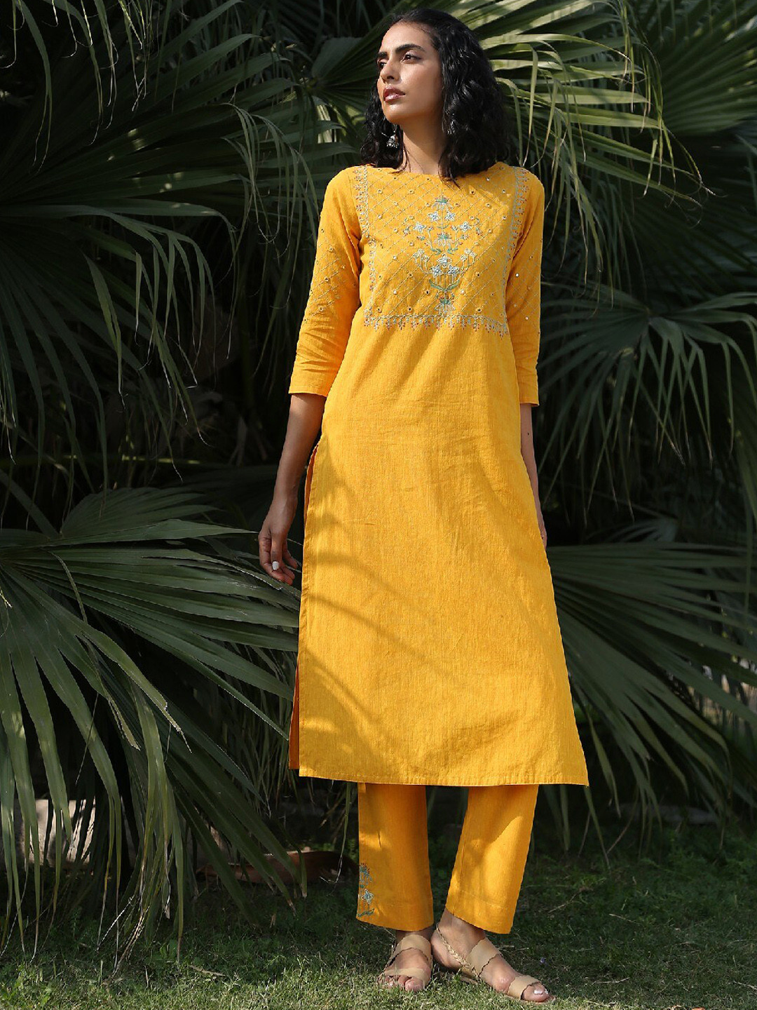 

OKHAI Ethnic Motifs Embroidered Mirror Work Pure Cotton Kurta With Trousers, Yellow