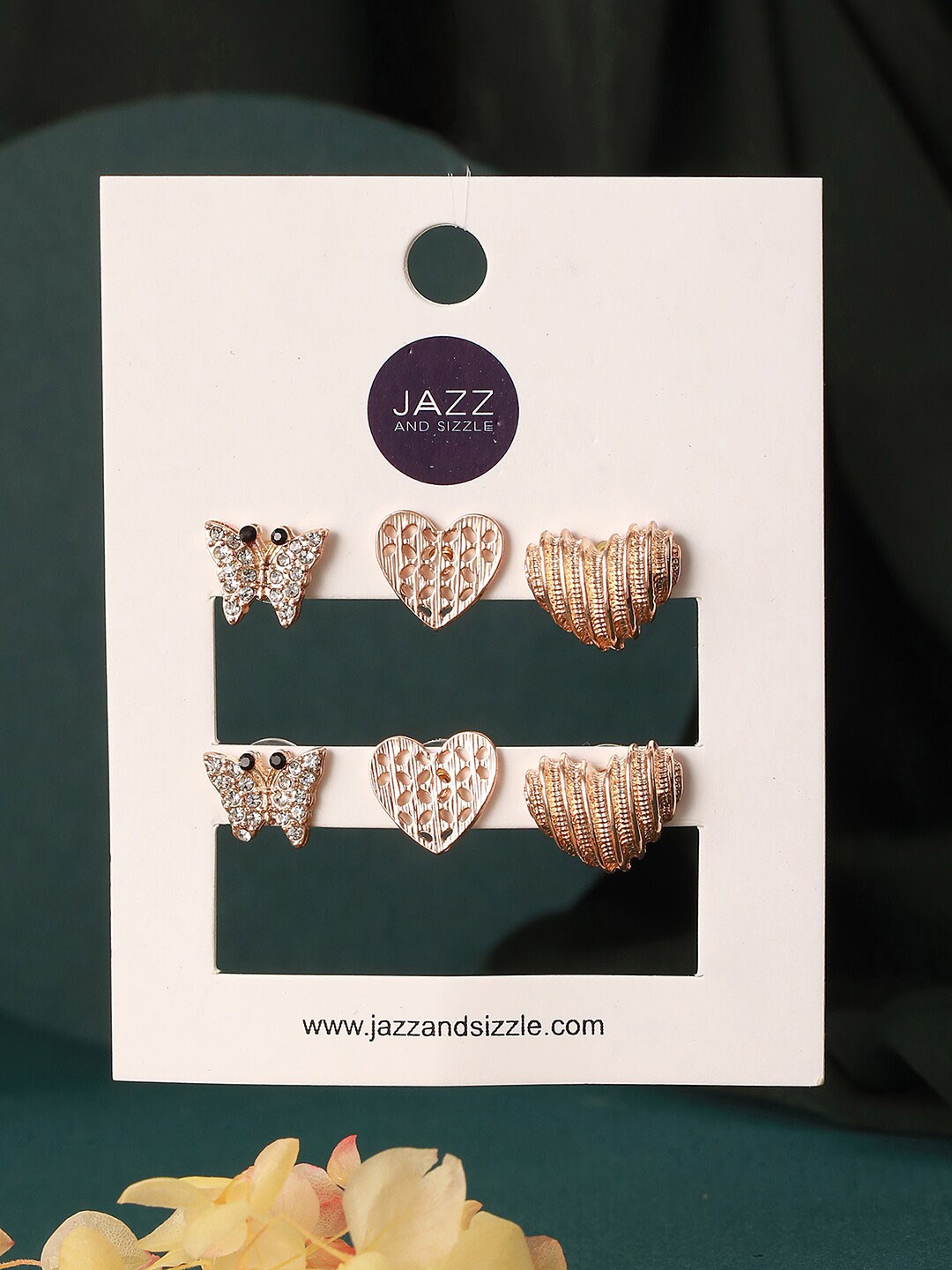 

Jazz and Sizzle Set 3 Gold-Plated Cubic Zirconia Heart & Butterfly Shaped Studs