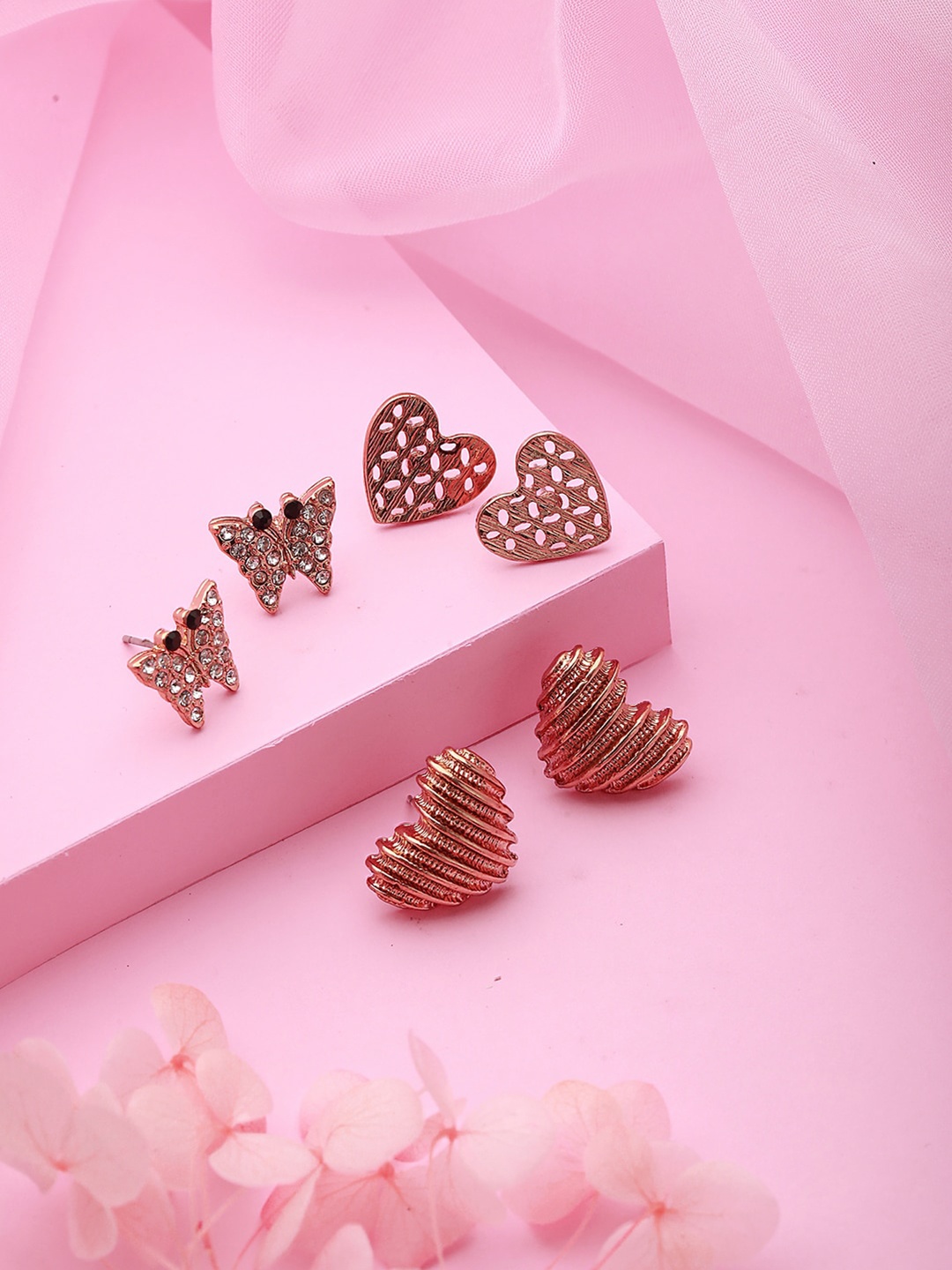 

DressBerry Set of 3 Rosegold-Plated Heart Shaped Stud Earrings, Rose gold