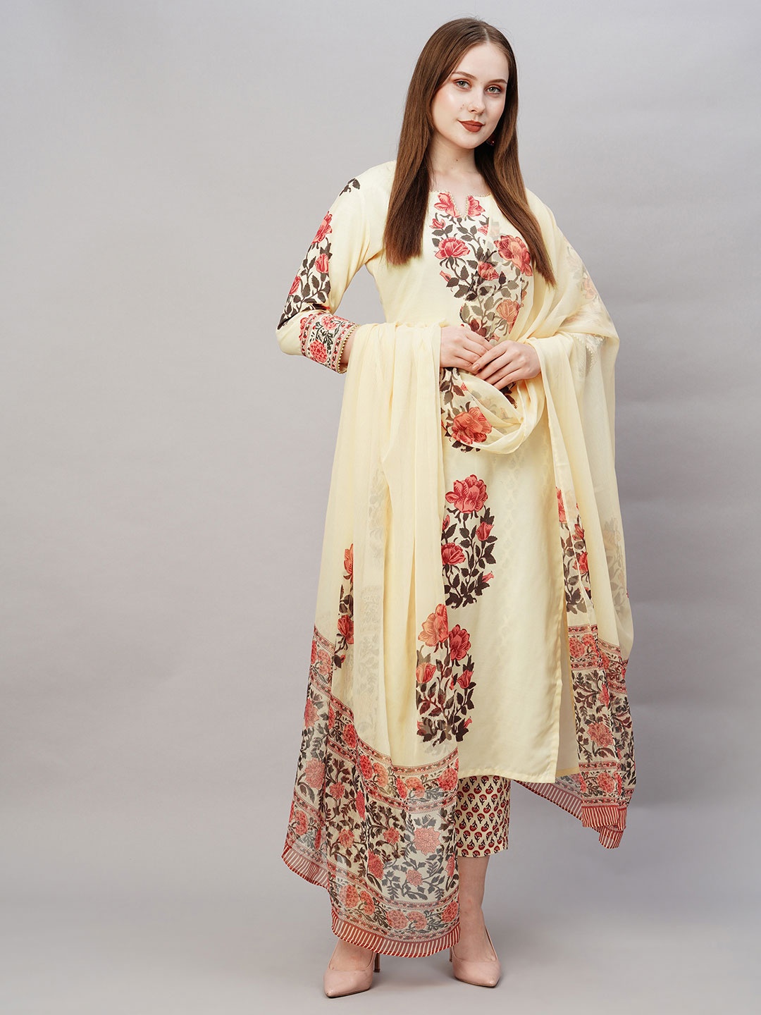 

GoSriKi Floral Printed Regular Kurta with Trousers & Dupatta, Cream
