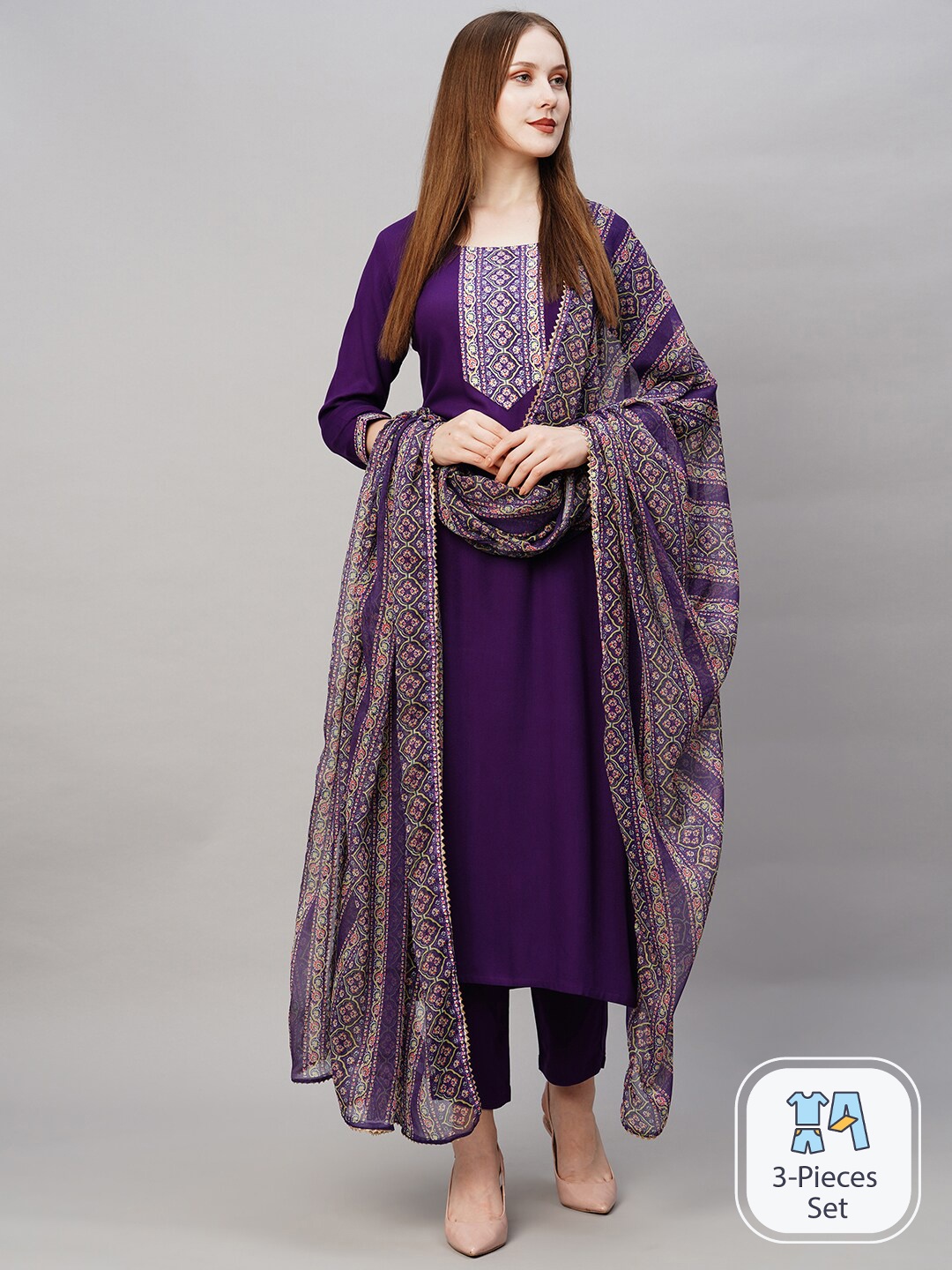 

GoSriKi Women Solid Straight Kurta with Trousers & With Dupatta, Purple