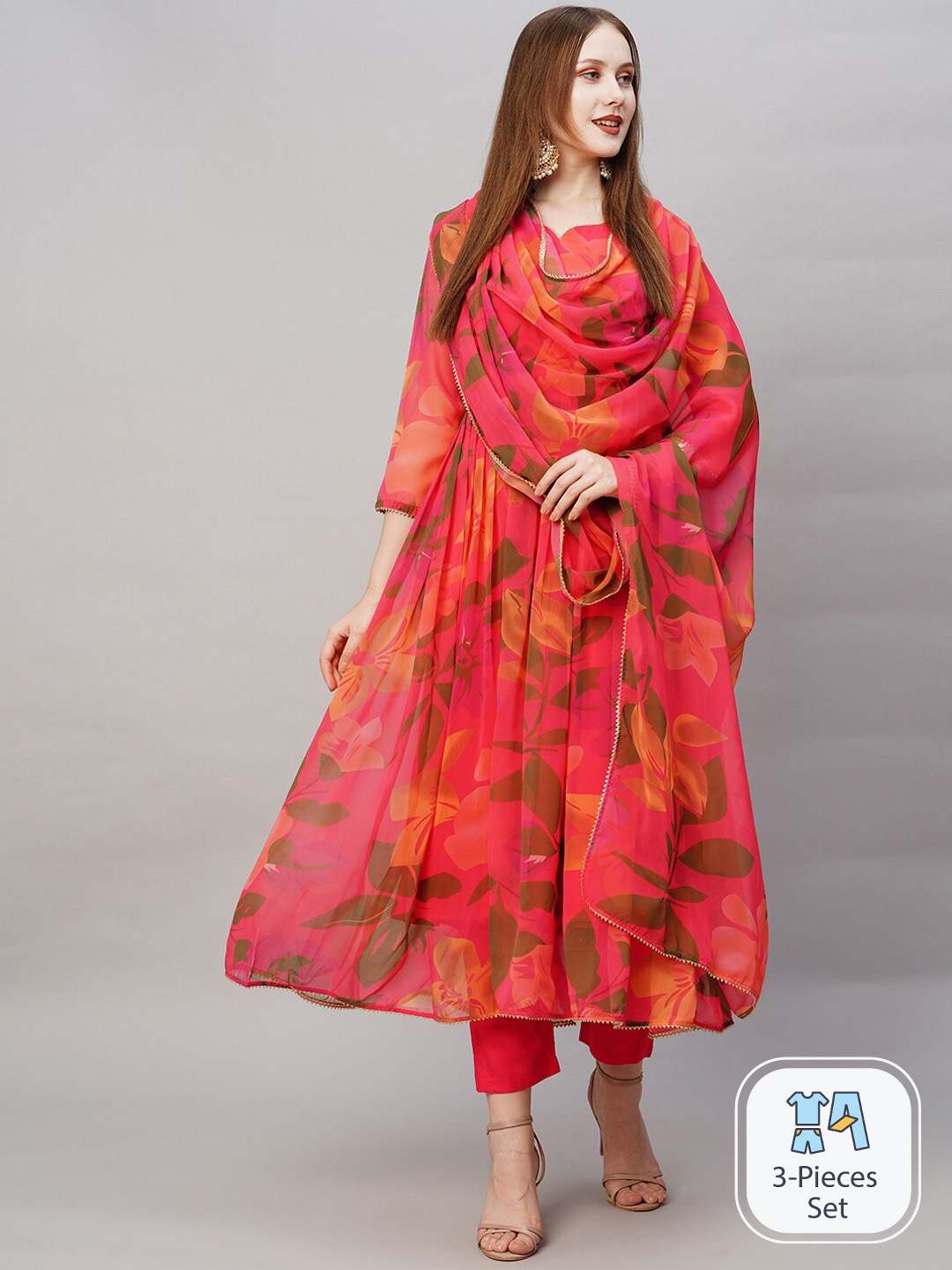 

KALINI Floral Printed Pleated Kurta With Trousers & Dupatta, Pink