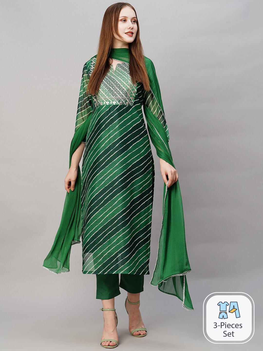 

GoSriKi Leheriya Printed Thread Work Kurta With Trousers & Dupatta, Green