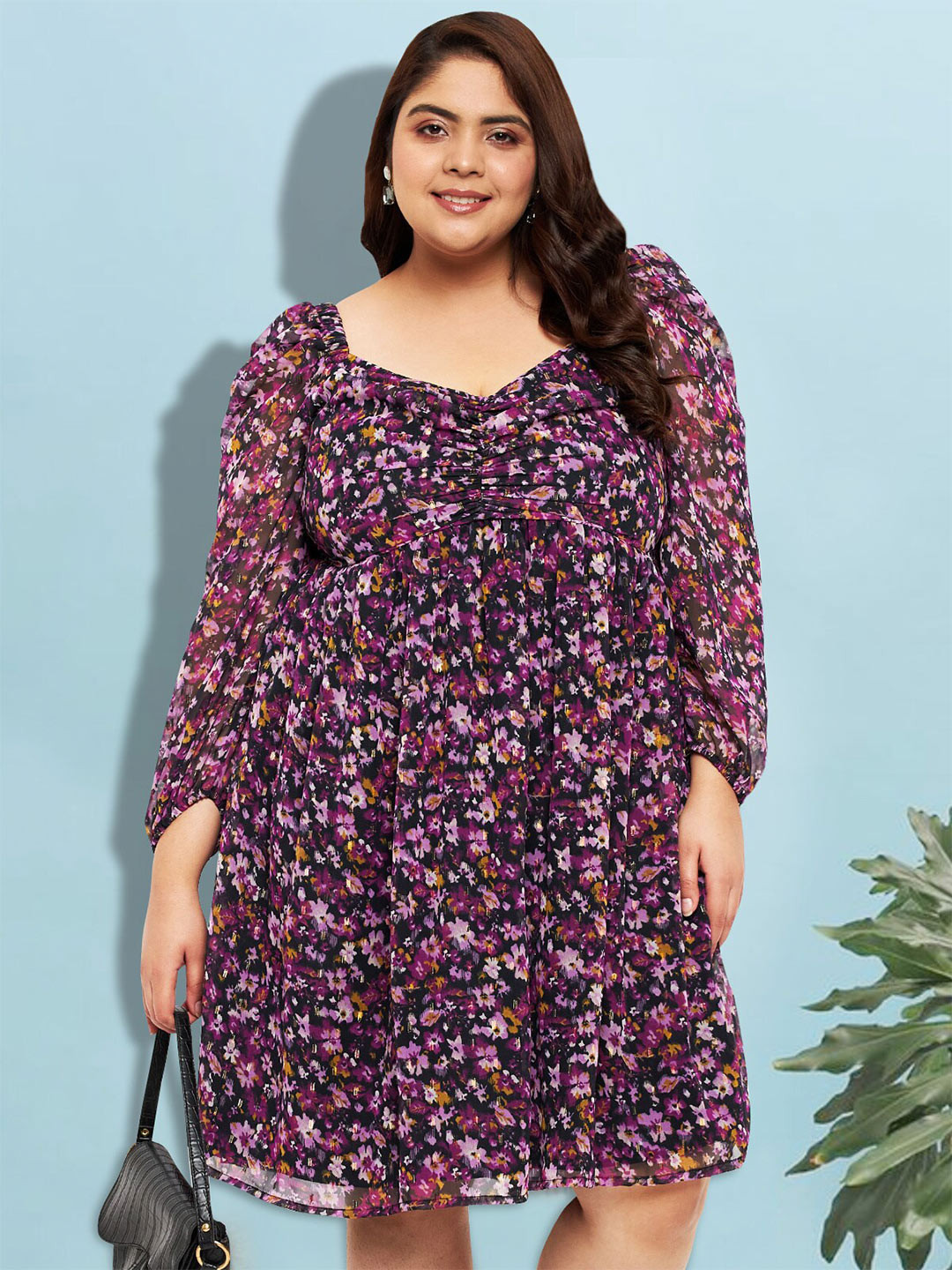 

wild U Floral Print Georgette A-Line Dress, Black