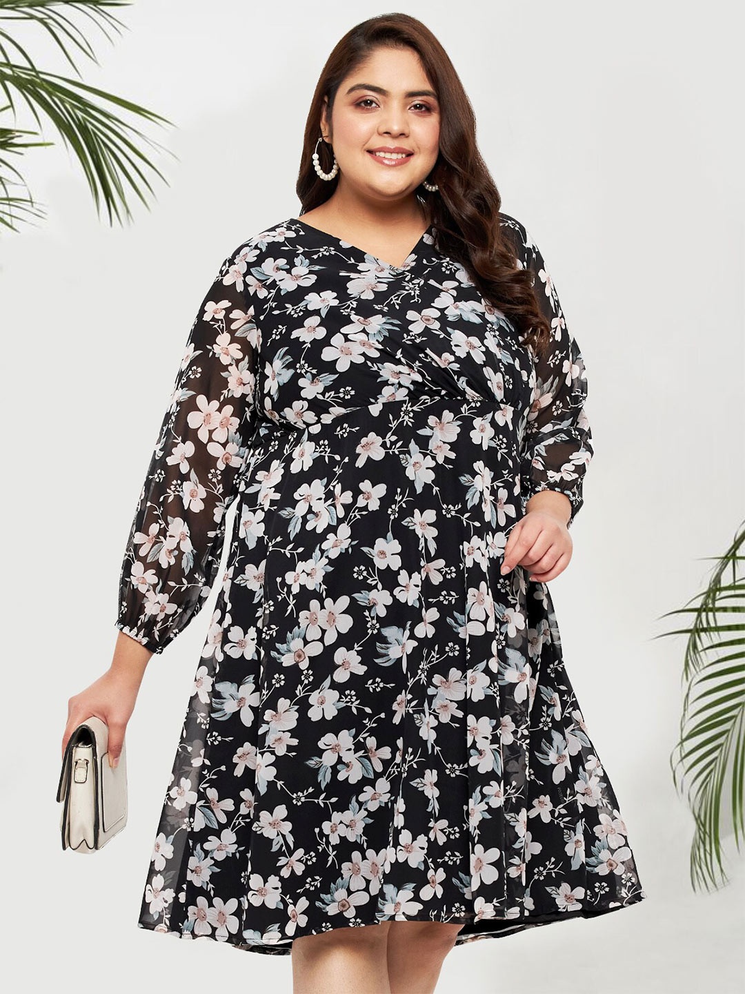 

wild U Plus Size Floral Print Georgette A-Line Dress, Black