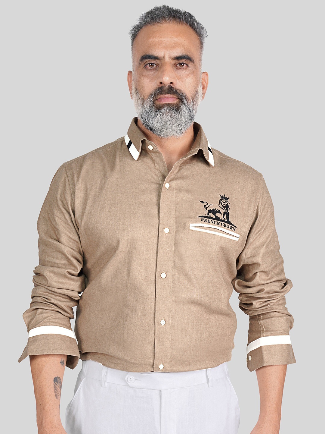 

FRENCH CROWN Standard Brand Logo Printed Linen Casual Shirt, Beige