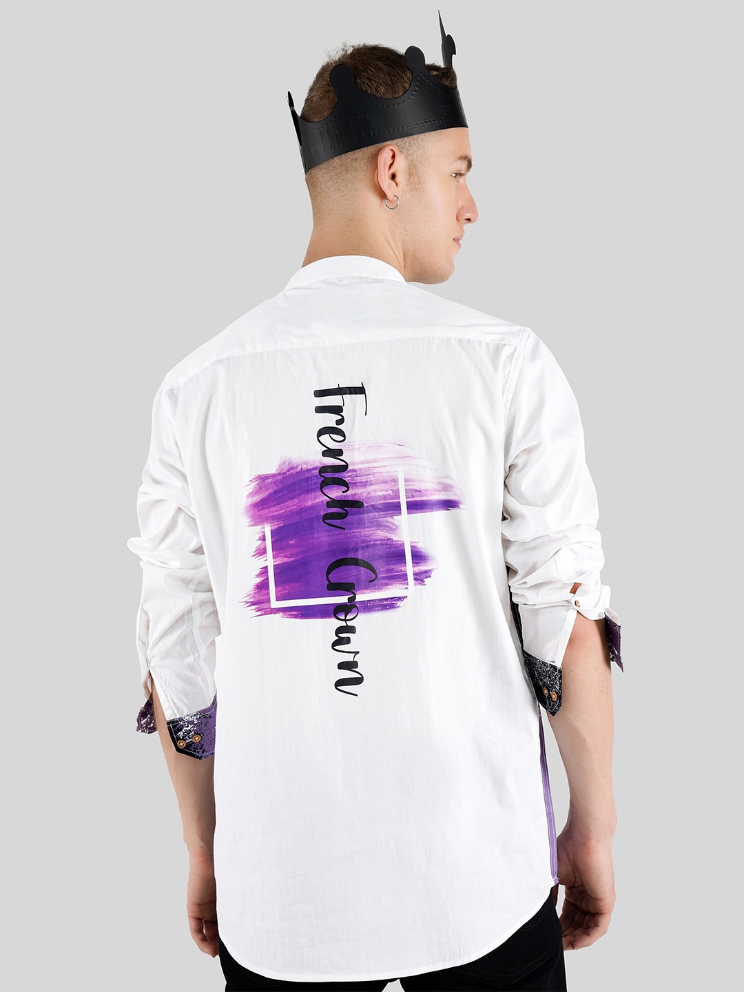 

FRENCH CROWN Standard Fit Graphic Printed Twill Cotton Shirt, White