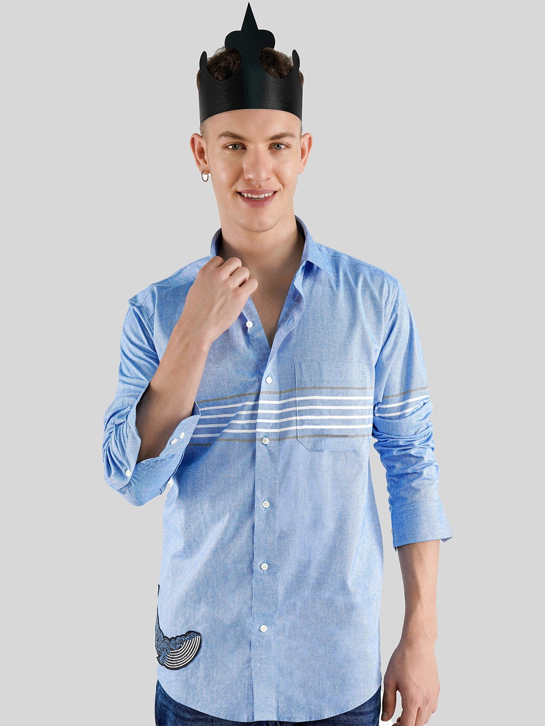 

FRENCH CROWN Standard Fit Horizontal Striped Twill Cotton Casual Shirt, Blue