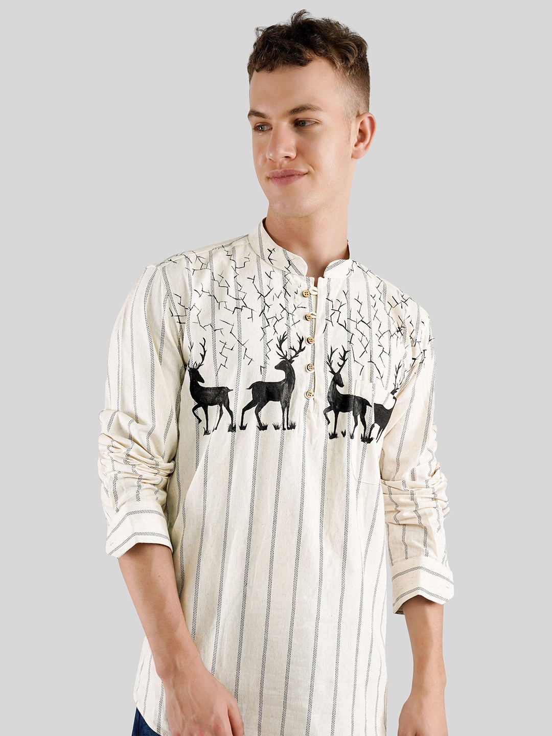 

FRENCH CROWN Standard Fit Animal Printed Mandarin Collar Twill Linen Casual Shirt, Beige