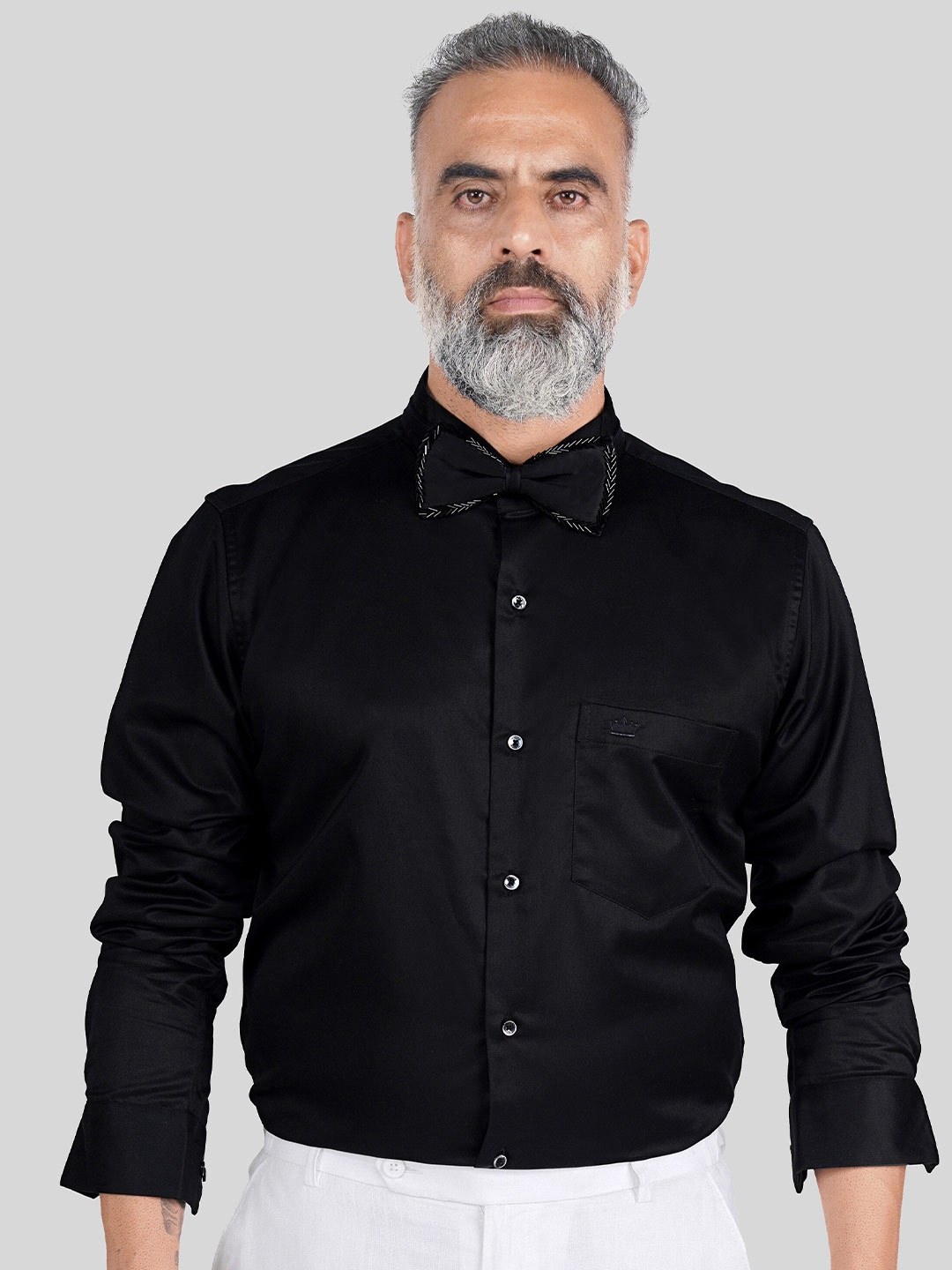 

FRENCH CROWN Stand Collar Standard Twill Pure Cotton Formal Shirt, Black
