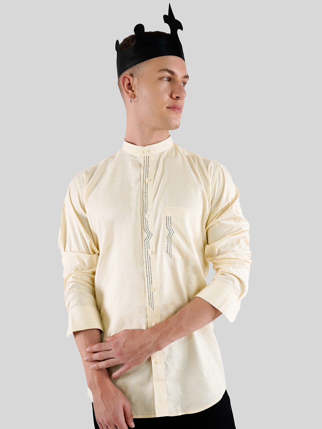 

FRENCH CROWN Band Collar Standard Fit Opaque Casual Shirt, Beige