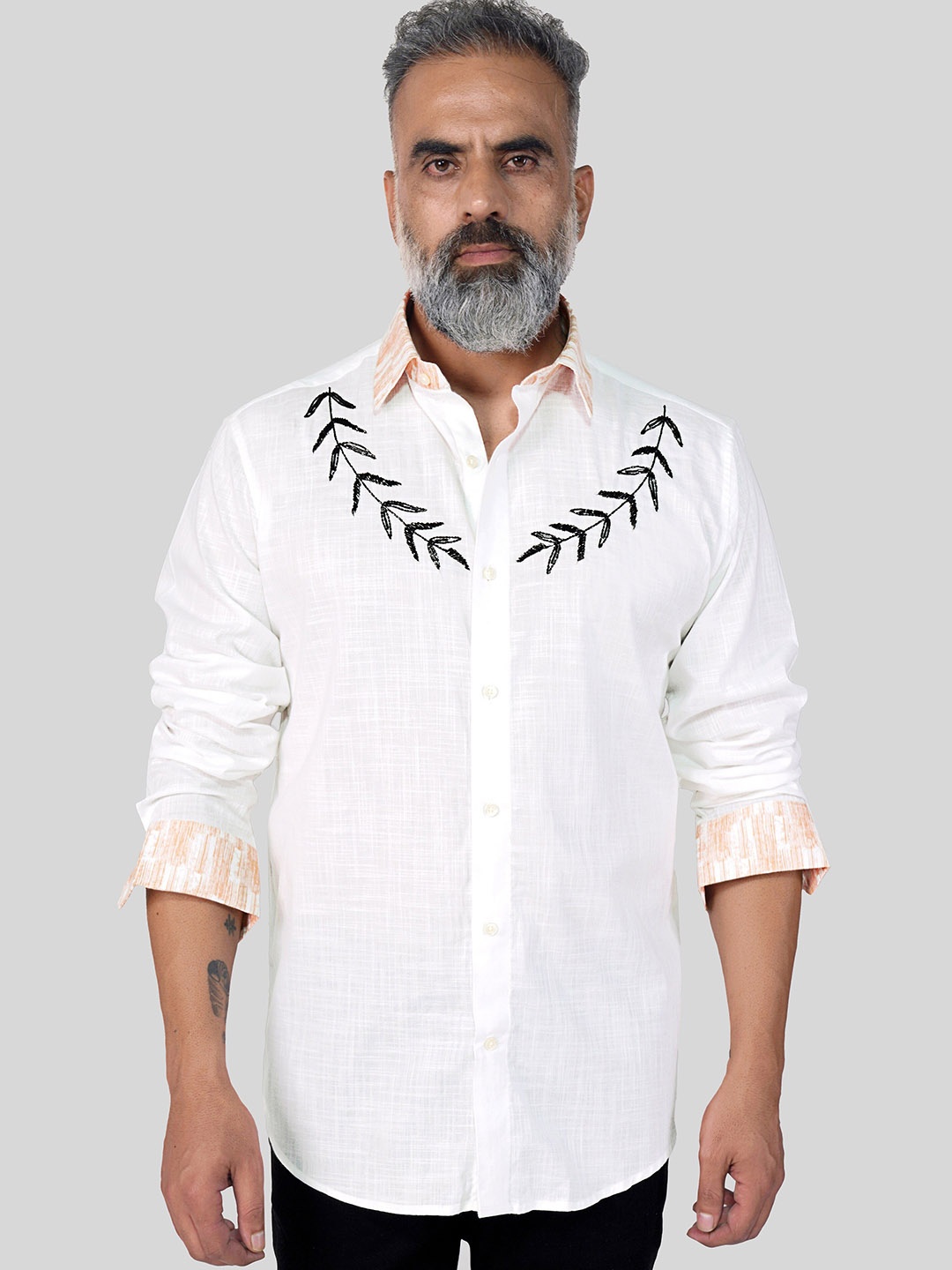 

FRENCH CROWN Floral Embroidered Standard Twill Linen Casual Shirt, White