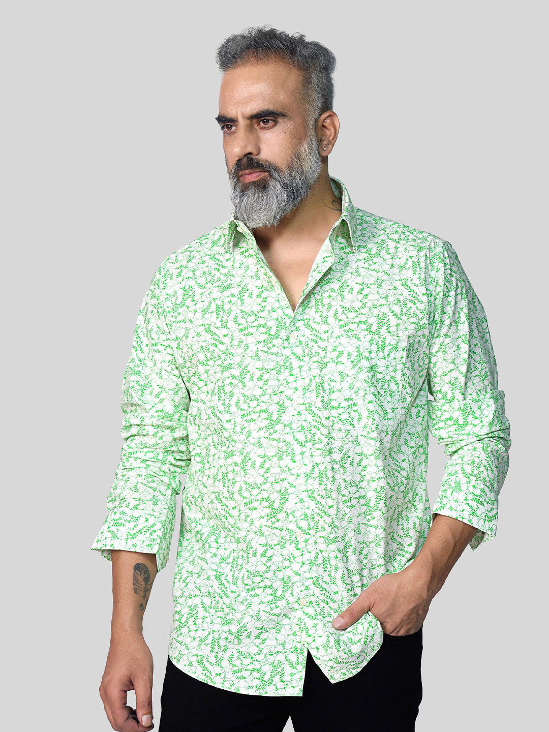 

FRENCH CROWN Floral Printed Standard Twill Pure Cotton Shirt, Green