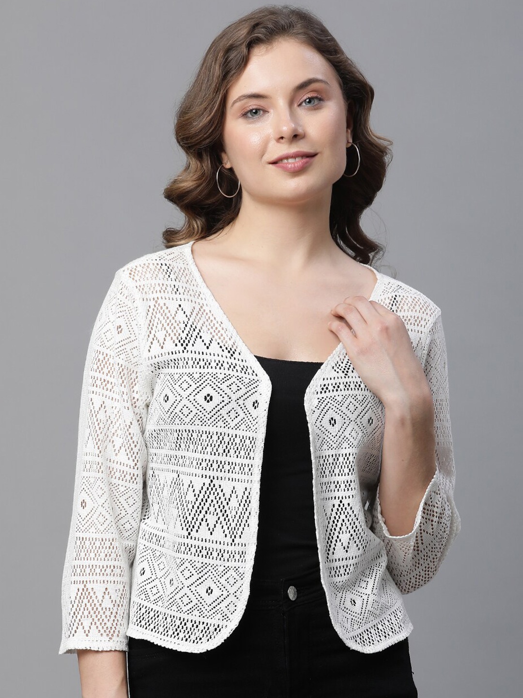 

UnaOne Self Design Crochet Cotton Shrug, Off white