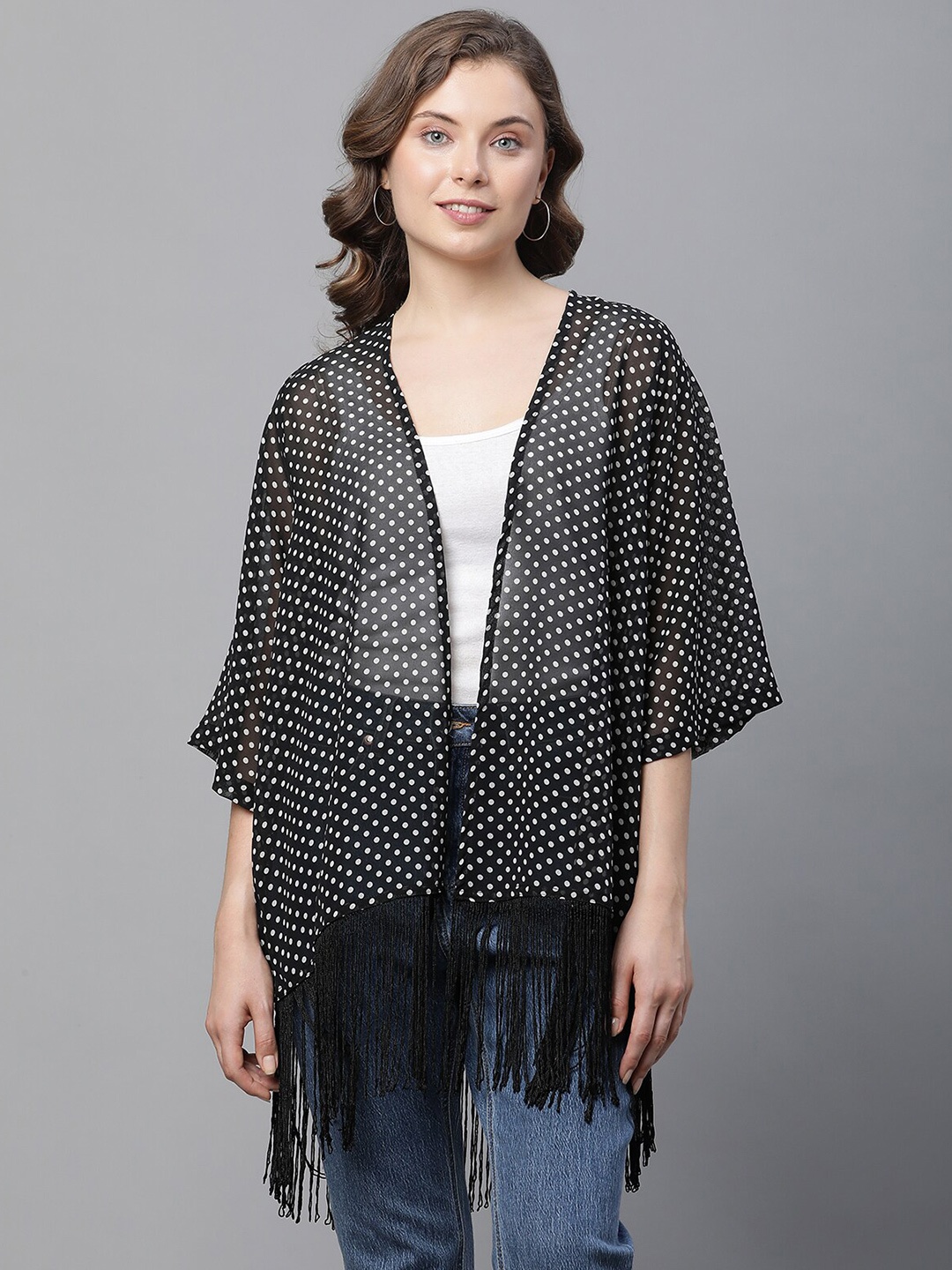 

UnaOne Polka Dot Printed Tasselled Shrug, Black