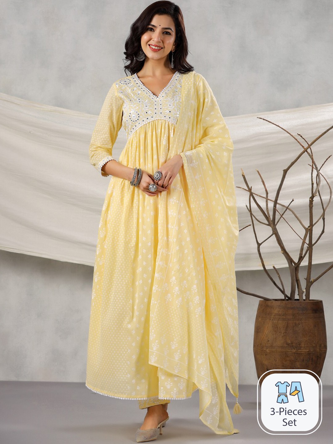 

Readiprint Fashions Printed Empire Mirror Work Pure Cotton Kurta With Trousers & Dupatta, Yellow