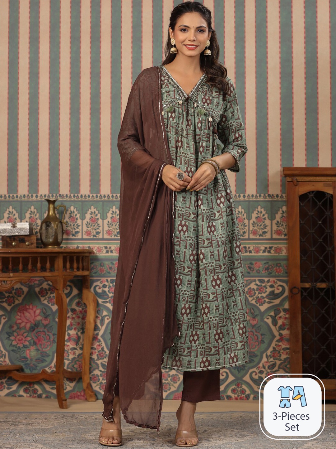 

Readiprint Printed Empire Mirror Work Pure Cotton Kurta With Trousers & Dupatta, Green