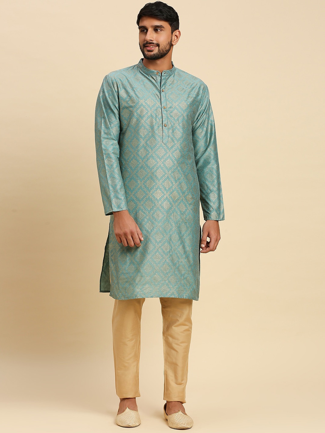 

Anubhutee Ethnic Motifs Woven Design Mandarin Collar Long Sleeve Straight Kurta, Blue