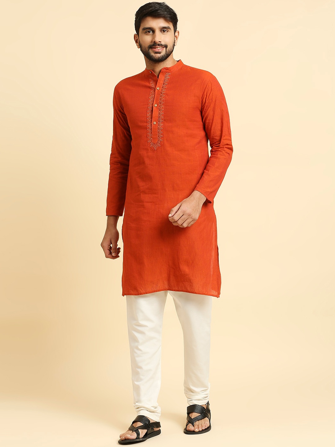 

Anubhutee Mandarin Collar Long Sleeve Thread Work Pure Cotton Straight Kurta, Orange