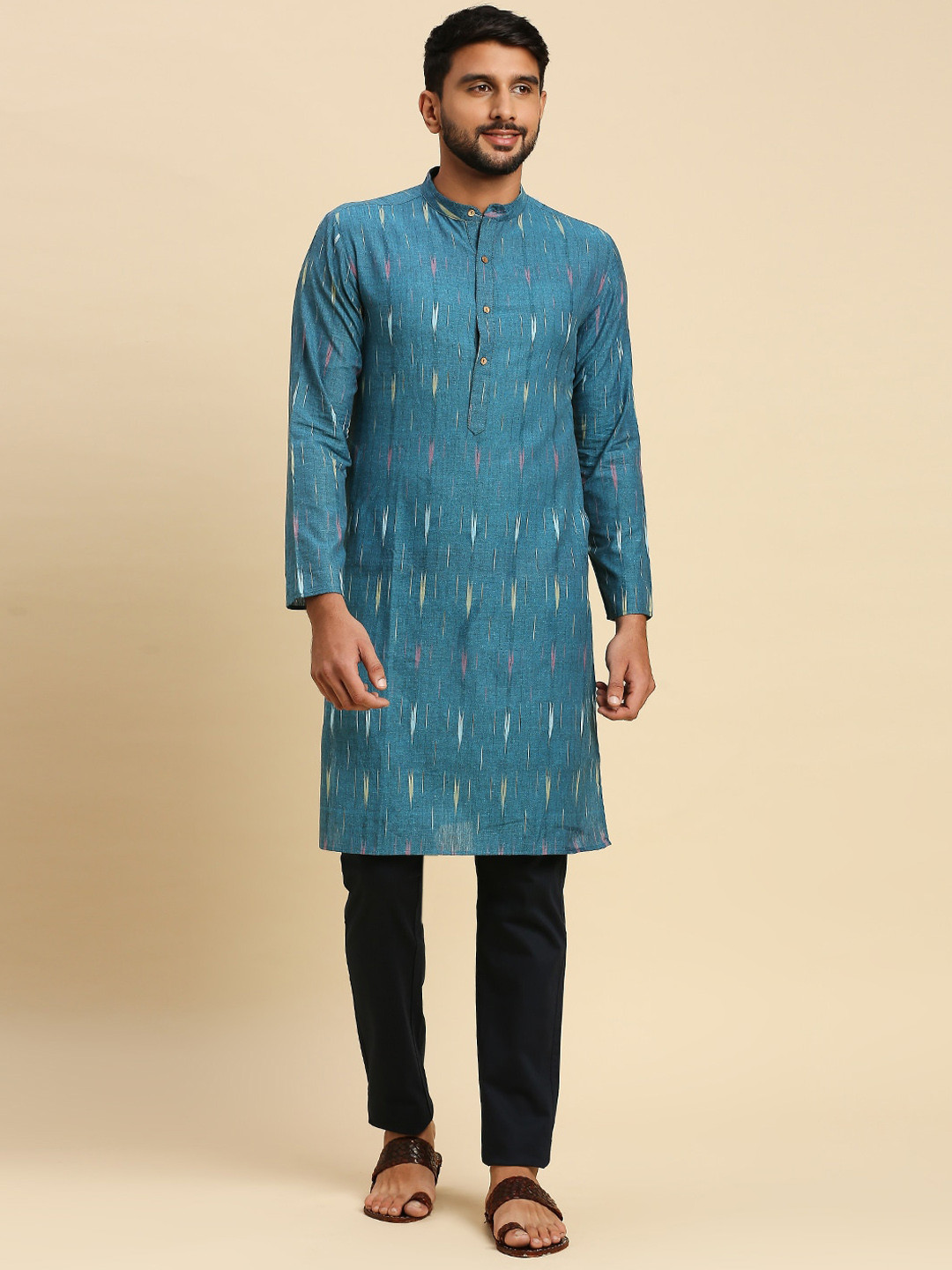 

Anubhutee Ethnic Motifs Woven Design Mandarin Collar Long Sleeve Cotton Straight Kurta, Blue
