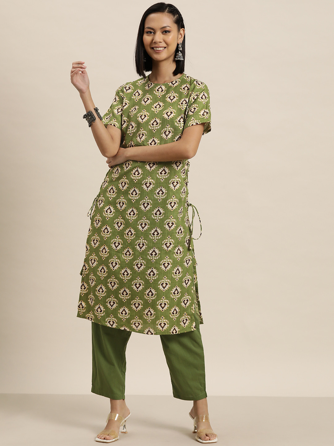 

HERE&NOW Women Green Ethnic Motifs Printed Regular Pure Cotton Kurta with Trousers