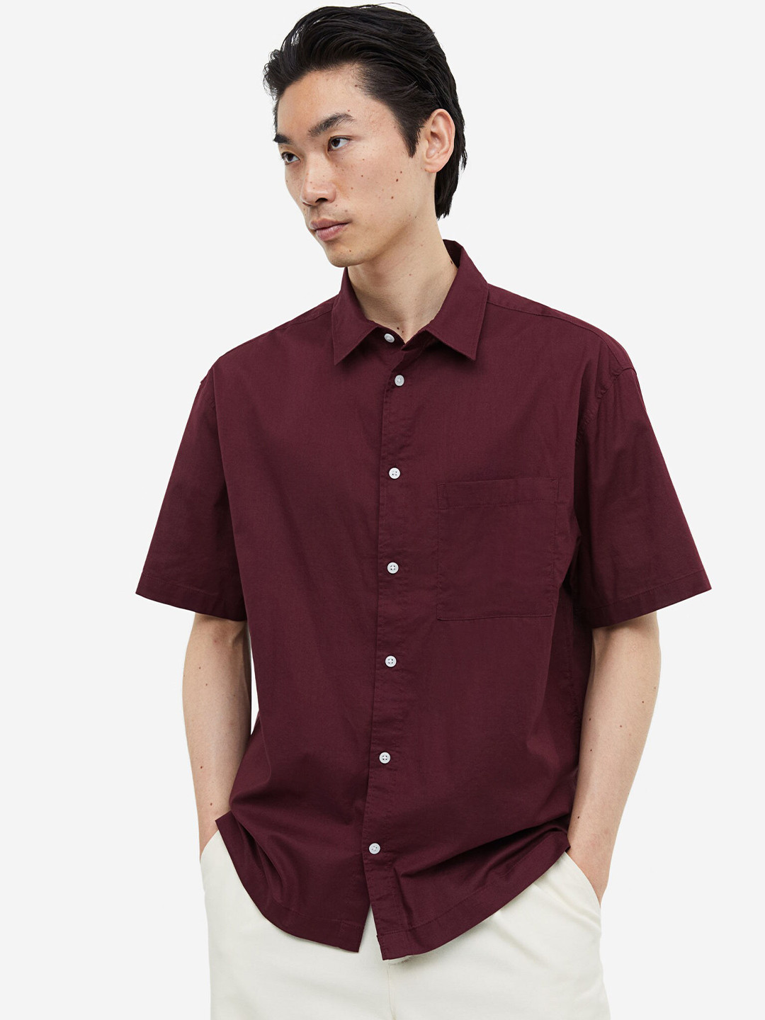 

H&M Pure Cotton Relaxed Fit Short-Sleeved Shirt, Red