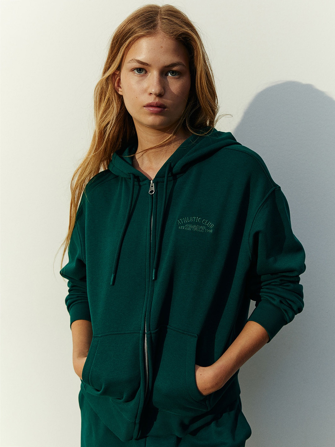 

H&M Embroidered Zip-Through Hoodie, Green