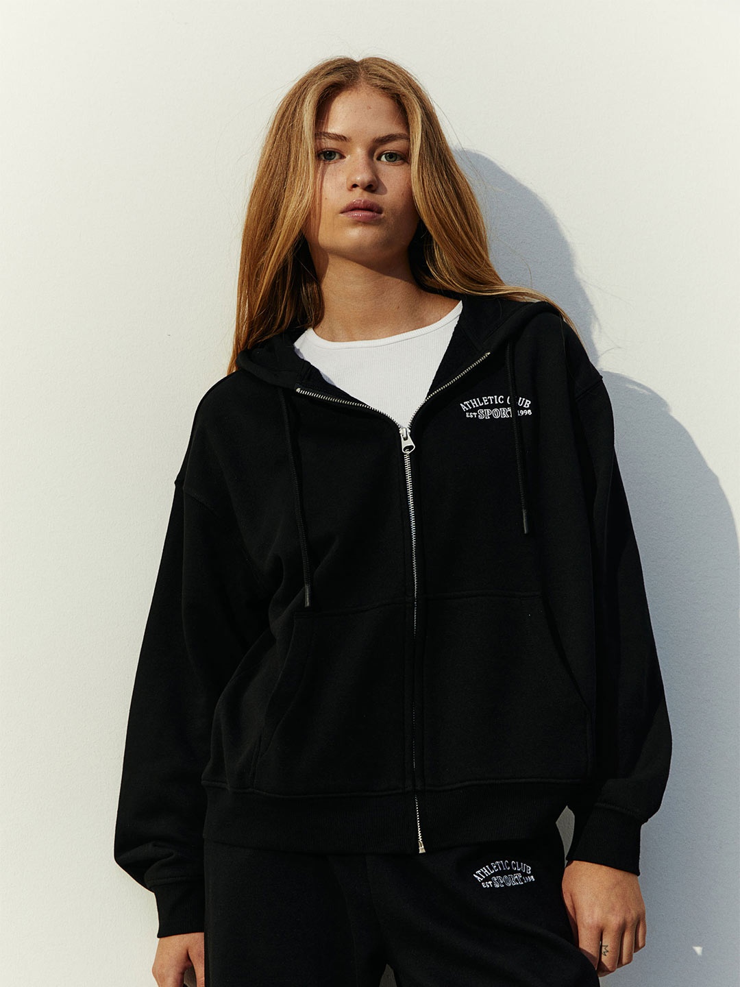 

H&M Embroidered Zip-Through Hoodie, Black