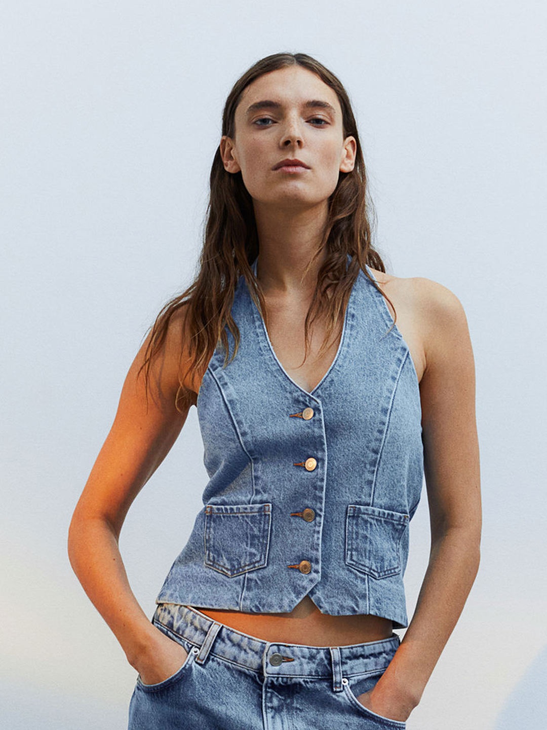 

H&M Pure Cotton Halterneck Denim Top, Blue