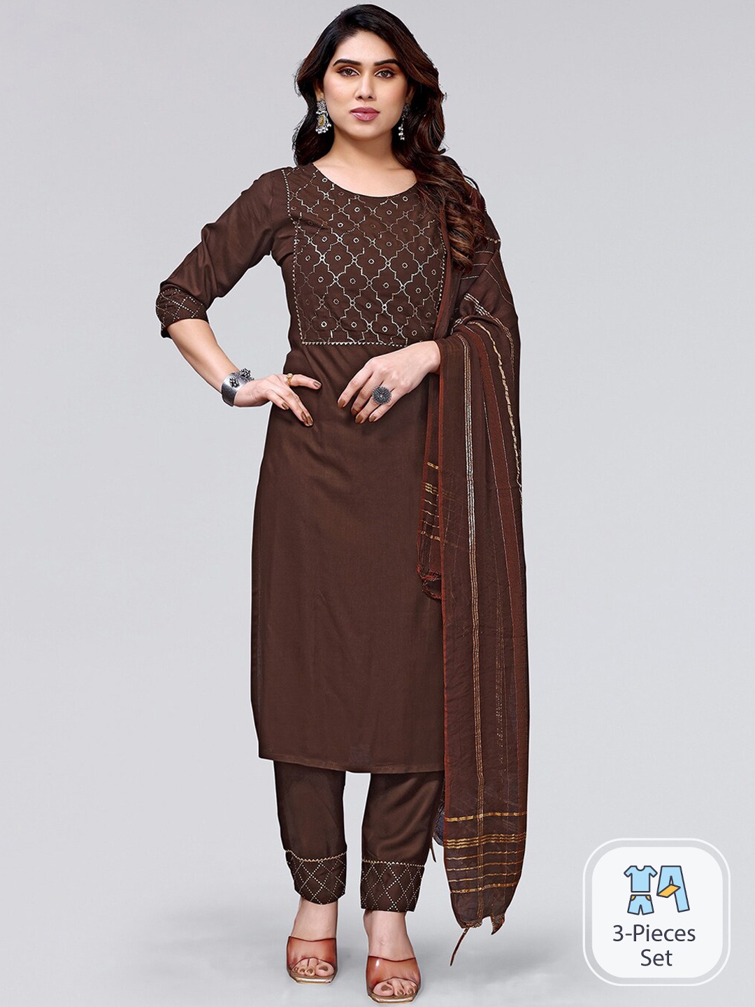 

KALINI Women Yoke Design Kurta with Trousers & With Dupatta, Brown