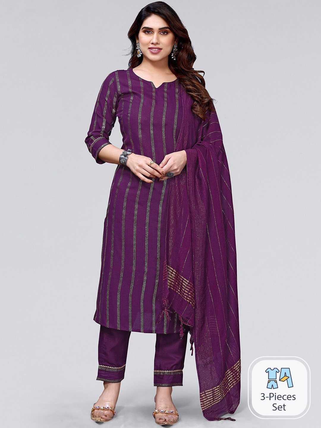 

Kalini Striped Woven Design Regular Kurta With Trousers & Dupatta, Purple