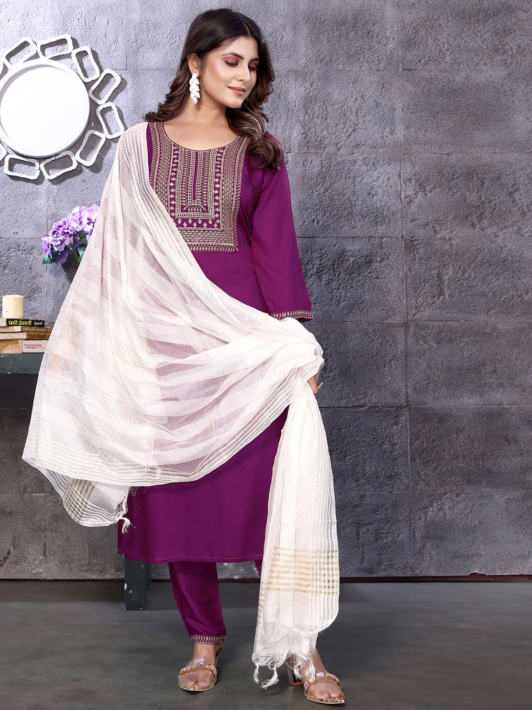 

KALINI Ethnic Motifs Embroidered Regular Sequinned Kurta With Trousers & Dupatta, Purple