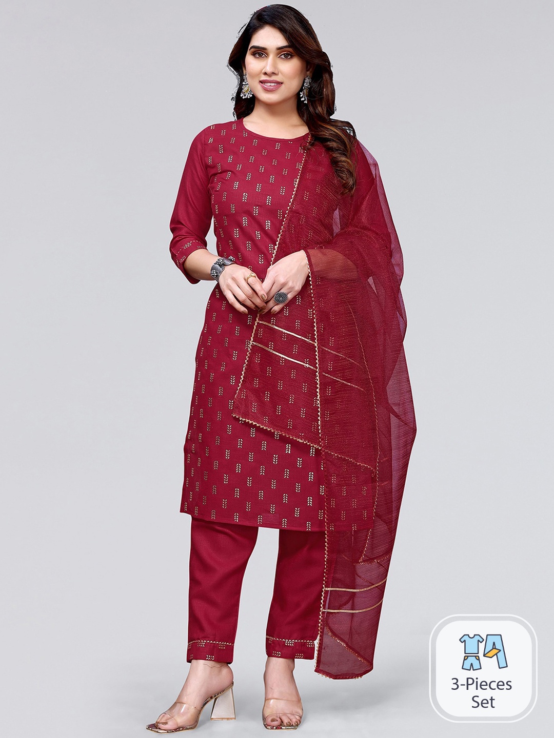 

KALINI Ethnic Motifs Printed Regular Kurta With Trousers & Dupatta, Maroon