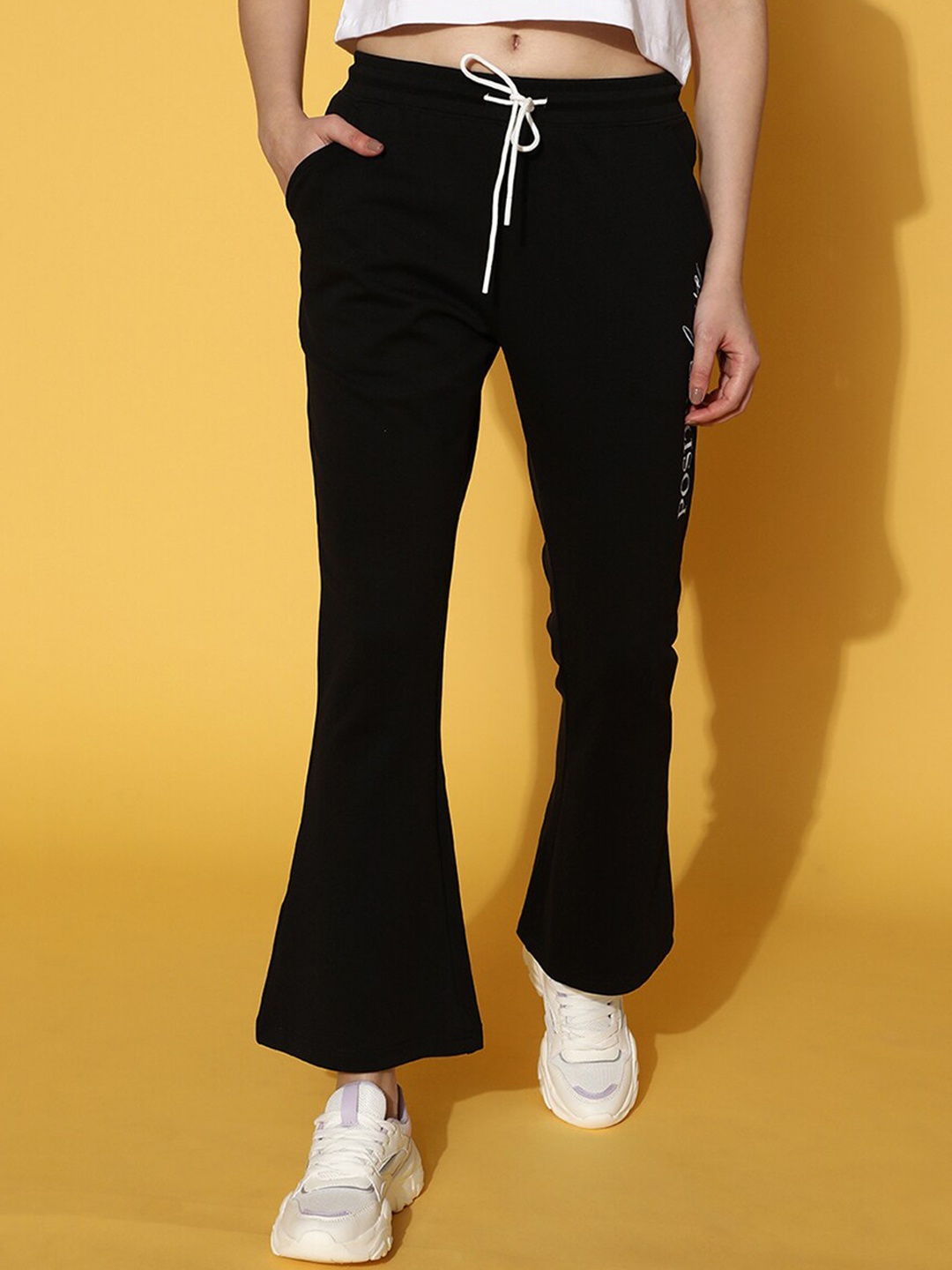 

JUNEBERRY Women Flared Track Cotton Pants, Black