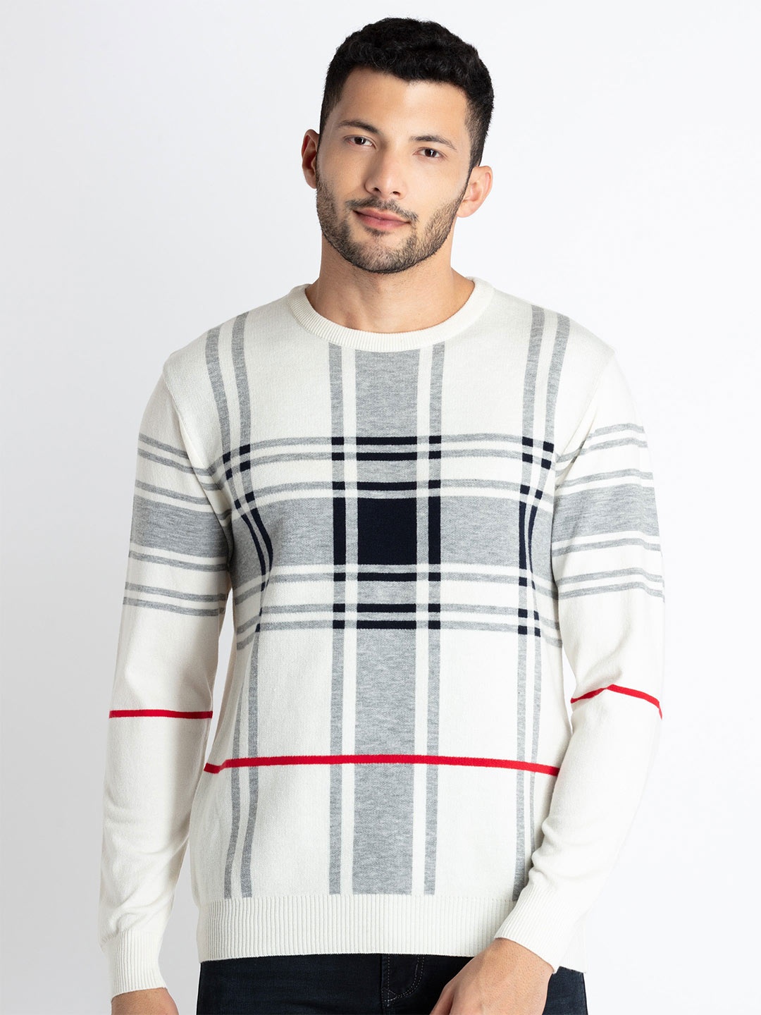 

Status Quo Checked Round Neck Long Sleeves Acrylic Pullover Sweater, Off white